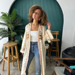Siwan Handmade  Embroidered Long Cotton Cardigan – Light Yellow – Free Size