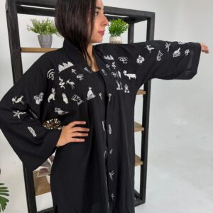 Handmade Spanish Linen Cardigan with Pharaonic Embroidery – Black – Size XL
