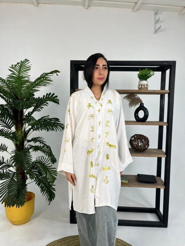 Handmade Spanish Linen Cardigan with Pharaonic Embroidery – White – Size XL - Image 3