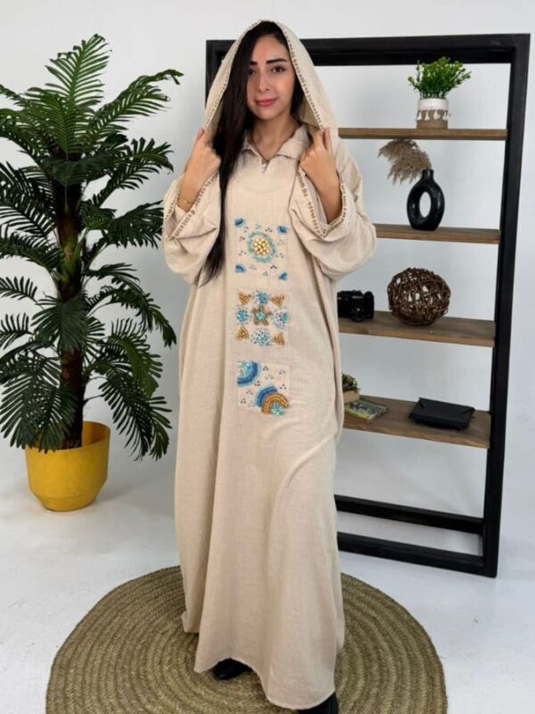 Hand-Embroidered Cotton-Linen Abaya – Beige
