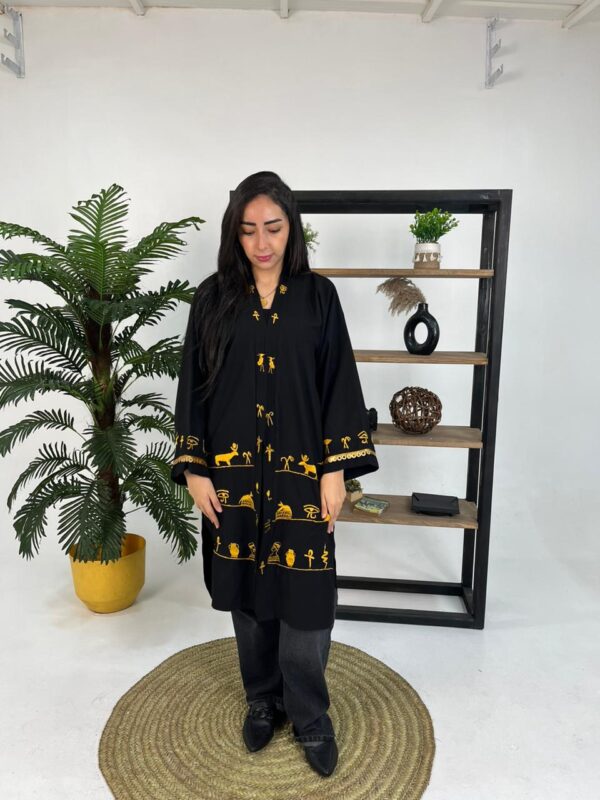 Hand-Embroidered Pharaonic blended Linen Long Cardigan – Black - Image 3