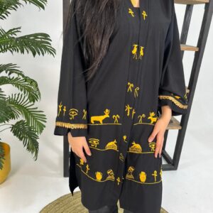 Hand-Embroidered Pharaonic blended Linen Cardigan – Black