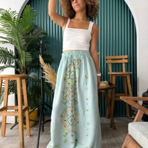 Handwoven Akhmim Cotton Skirt with Siwa Hand Embroidery – Light Green