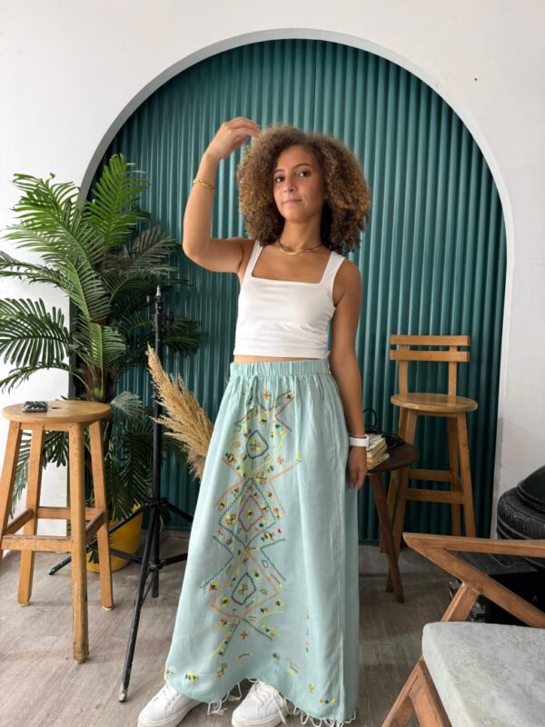 Handwoven Akhmim Cotton Skirt with Siwa Hand Embroidery – Light Green - Image 2