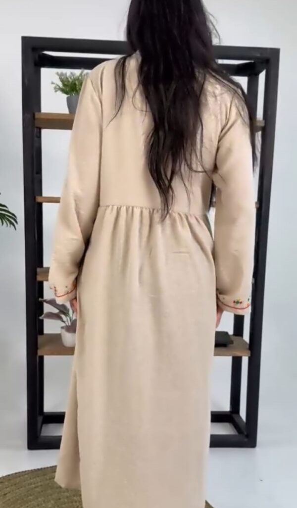 Hand-Embroidered Cotton-Linen Dress by Siwa Artisans – Beige - Image 4