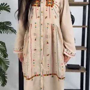Hand-Embroidered Cotton-Linen Dress by Siwa Artisans – Beige