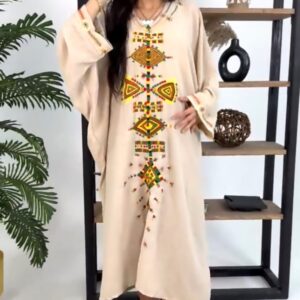 Hand-Embroidered Cotton-Linen Abaya with Open Sleeves – Beige