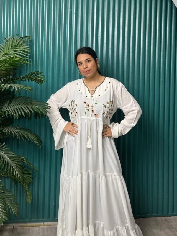 Hand-Embroidered Long white  Cotton Dress with Siwa Oasis Patterns