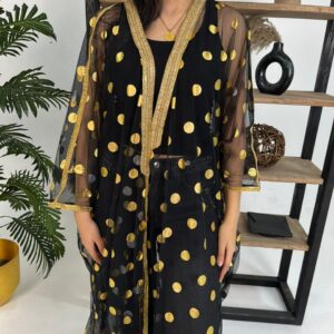 Elegant open-front black tulle abaya