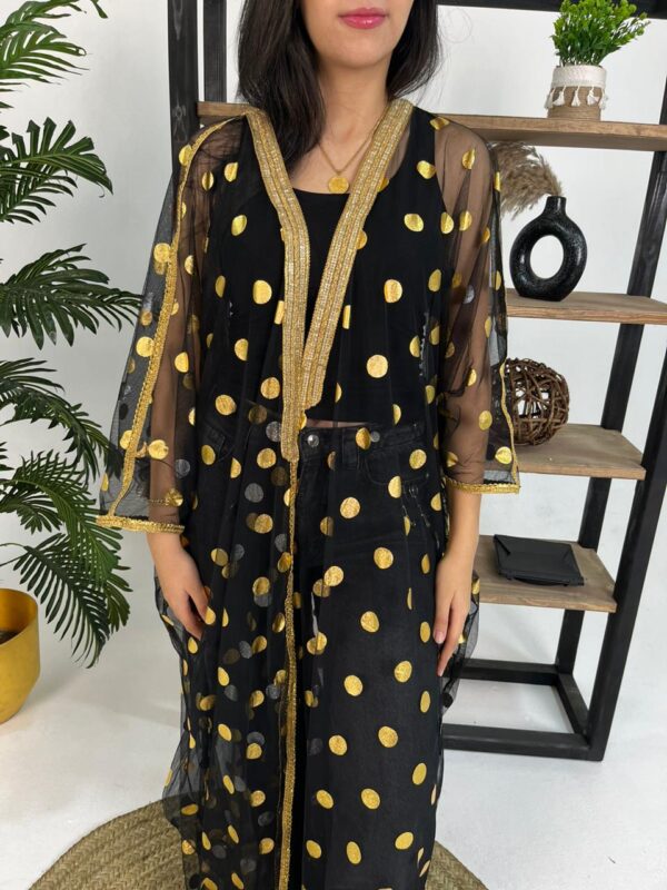 Elegant open-front black tulle abaya