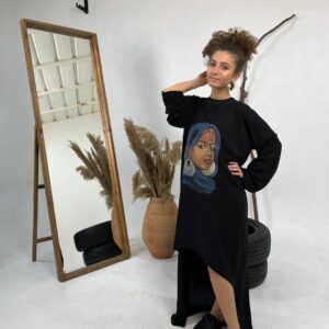 Hand-Painted Long-Sleeve High-Low Cotton Blouse Free size up to 2XL