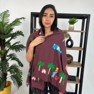 Handwoven Akhmim Cotton Shawl – Colorful Embroidery Depicting Egyptian Village Life