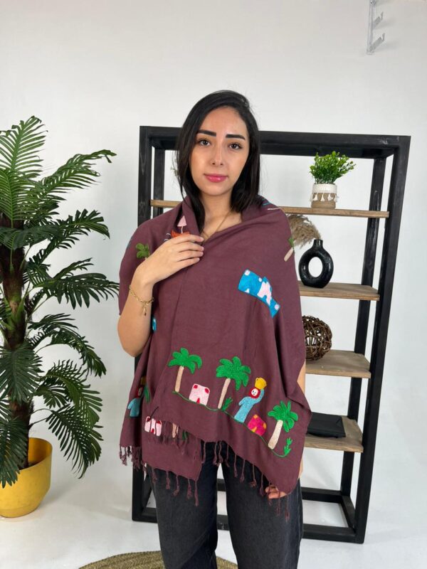 Handwoven Akhmim Cotton Shawl – Colorful Embroidery Depicting Egyptian Village Life