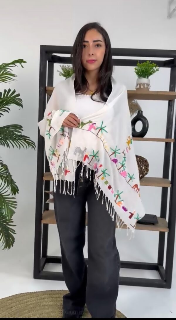 Handwoven Akhmim Cotton Shawl – Colorful Embroidery Depicting Egyptian Village Life - Image 3