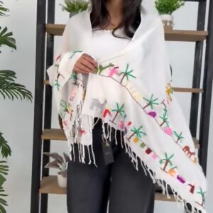 Handwoven Akhmim Cotton Shawl – Colorful Embroidery Depicting Egyptian Village Life