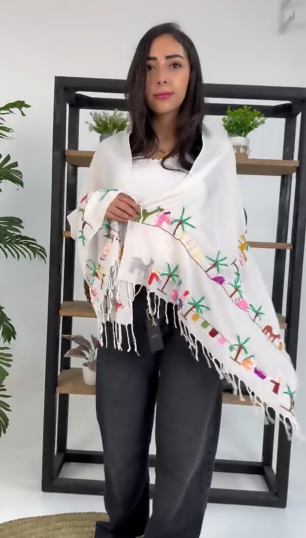 Handwoven Akhmim Cotton Shawl – Colorful Embroidery Depicting Egyptian Village Life