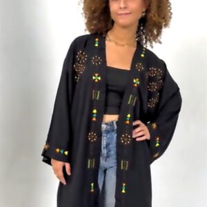 Handmade  siwan Embroidered Long Cotton Cardigan – black – Free Size free size up to3 XL