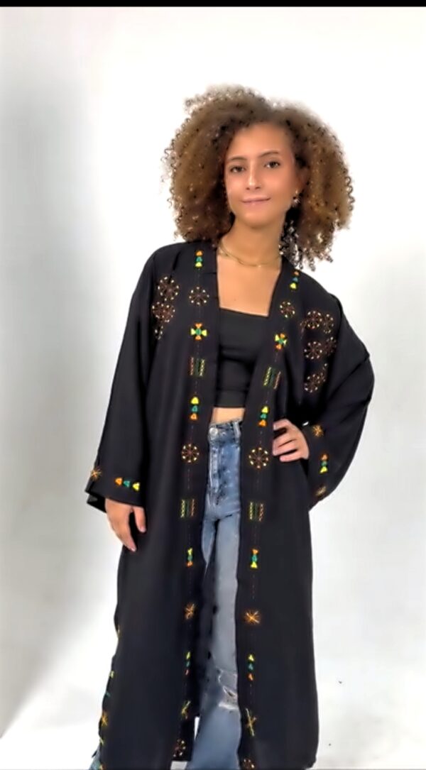 Handmade  siwan Embroidered Long Cotton Cardigan – black – Free Size free size up to3 XL