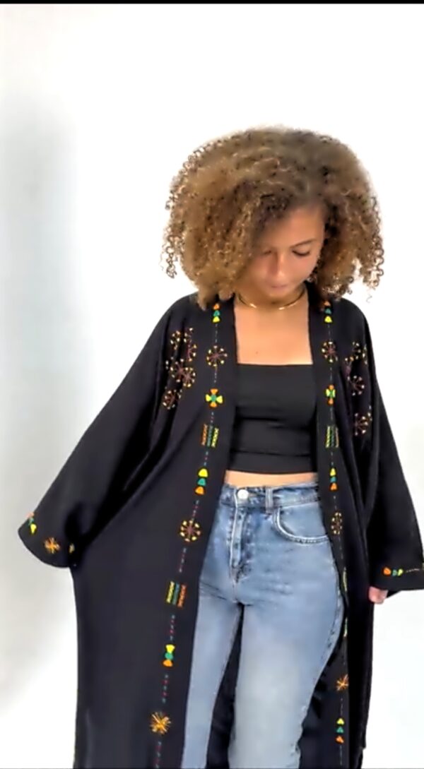 Handmade  siwan Embroidered Long Cotton Cardigan – black – Free Size free size up to3 XL - Image 2
