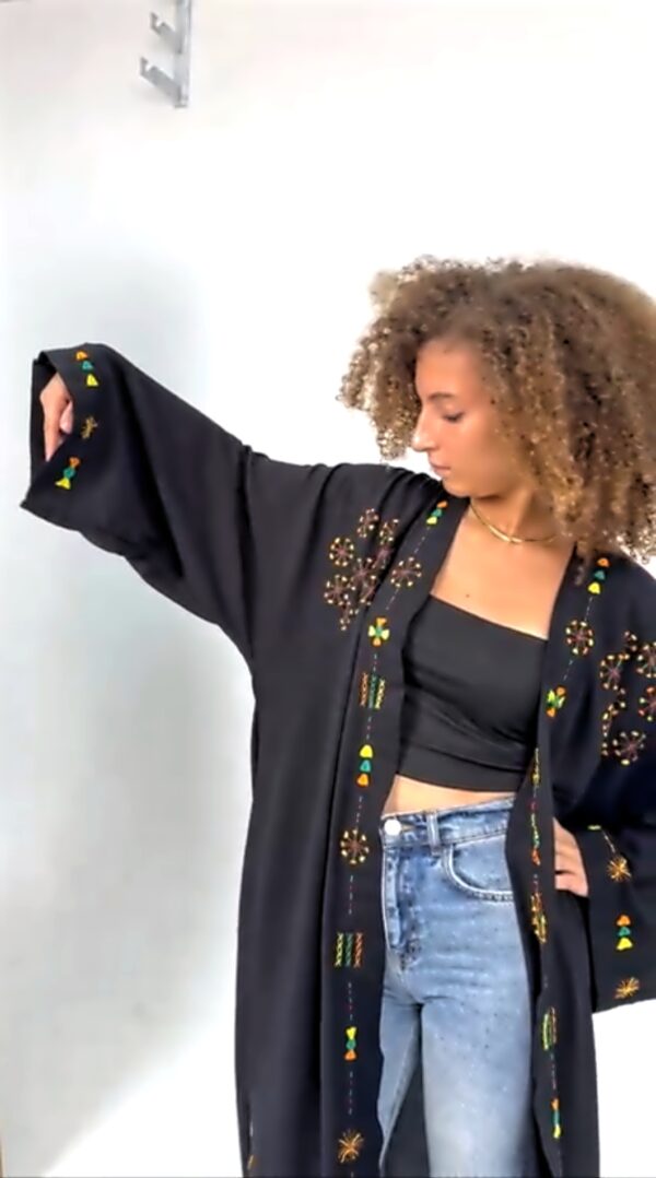 Handmade  siwan Embroidered Long Cotton Cardigan – black – Free Size free size up to3 XL - Image 5
