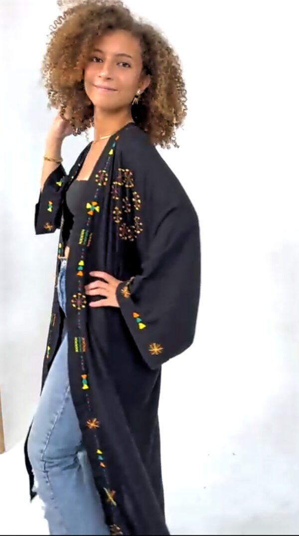 Handmade  siwan Embroidered Long Cotton Cardigan – black – Free Size free size up to3 XL - Image 4