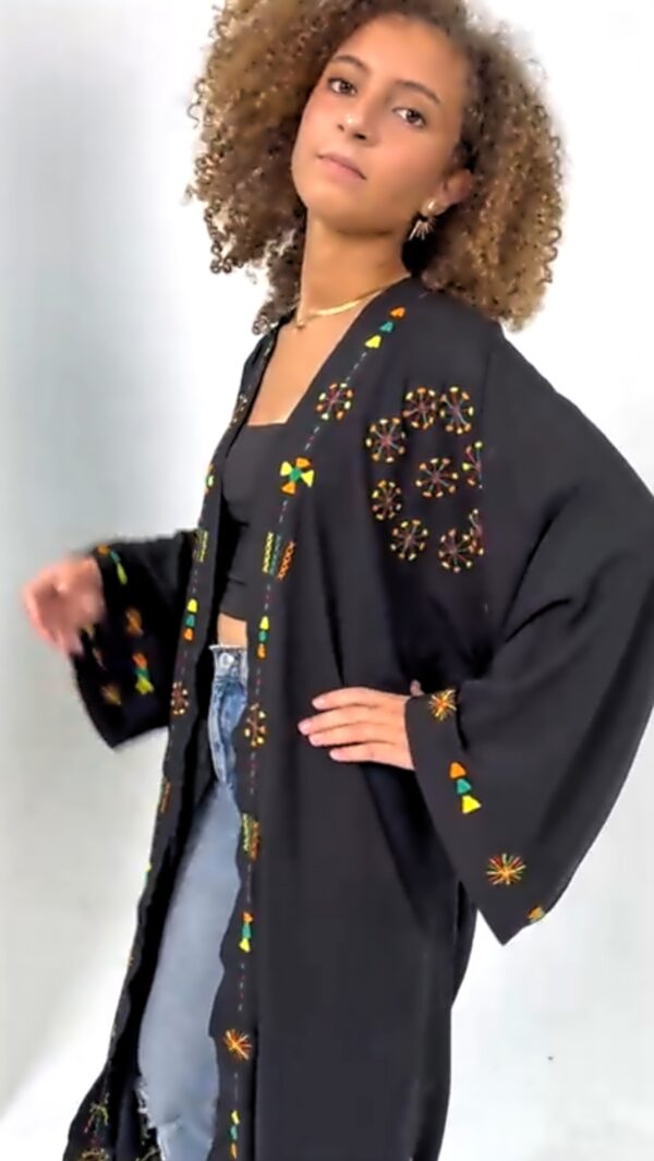 Handmade  siwan Embroidered Long Cotton Cardigan – black – Free Size free size up to3 XL - Image 3