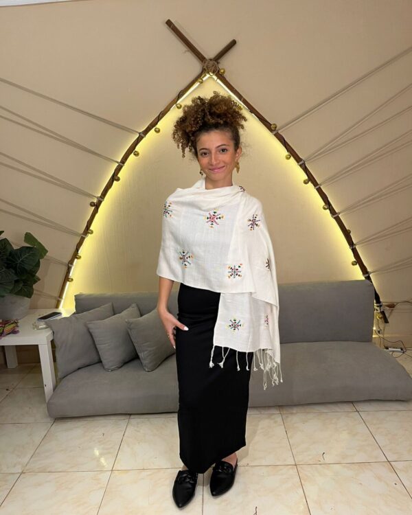 White Handwoven Akhmim Cotton Shawl | Hand-Embroidered by Siwan Women | 180×60 cm - Image 3