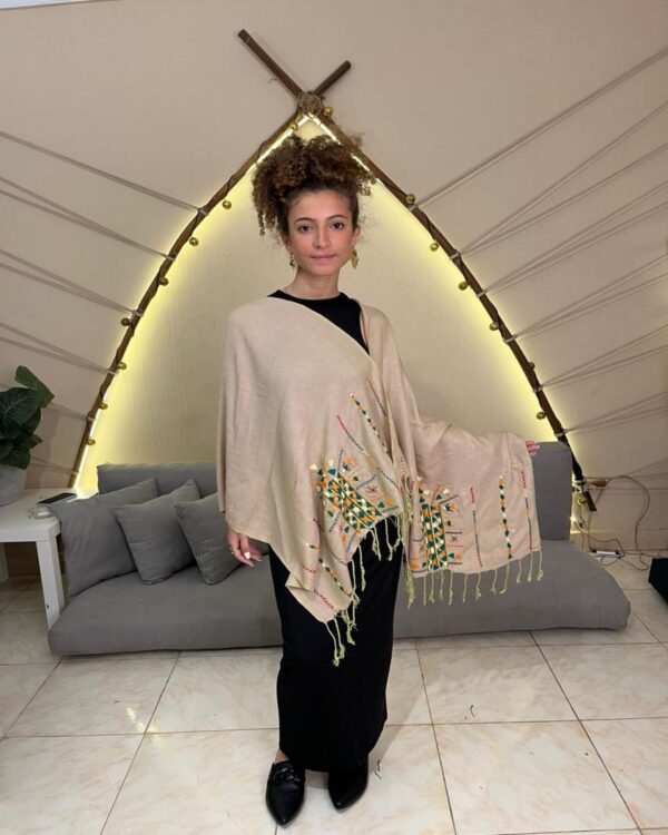 Green Olive Handwoven Akhmim Cotton Shawl | Hand-Embroidered by Siwan Women | 190×60 cm - Image 2