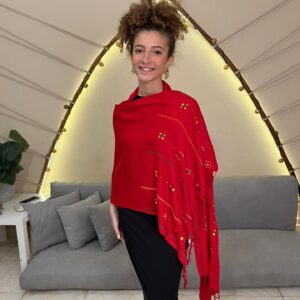 Red Handwoven Akhmim Cotton Shawl | Hand-Embroidered by Siwan Women | 190×60 cm