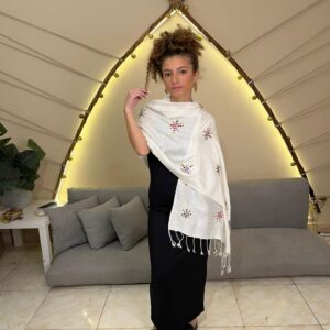 White Handwoven Akhmim Cotton Shawl | Hand-Embroidered by Siwan Women | 180×60 cm