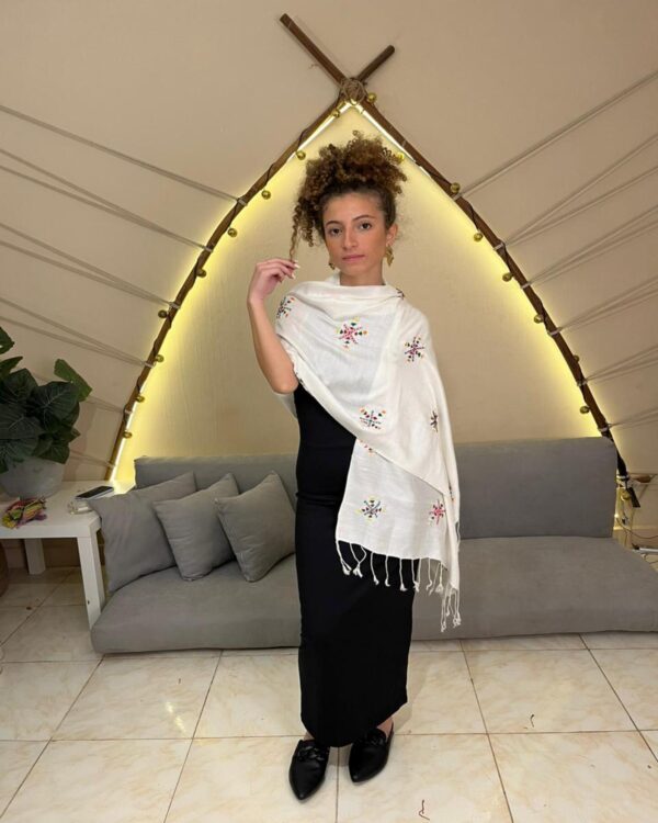 White Handwoven Akhmim Cotton Shawl | Hand-Embroidered by Siwan Women | 180×60 cm