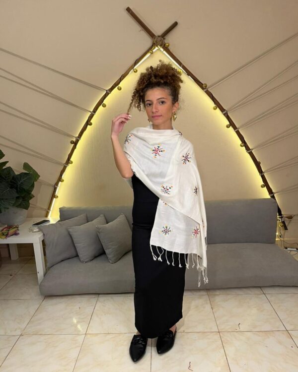 White Handwoven Akhmim Cotton Shawl | Hand-Embroidered by Siwan Women | 180×60 cm - Image 2