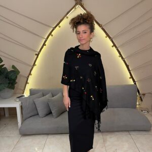 Black Handwoven Akhmim Cotton Shawl | Hand-Embroidered by Siwan Women | 185×60 cm