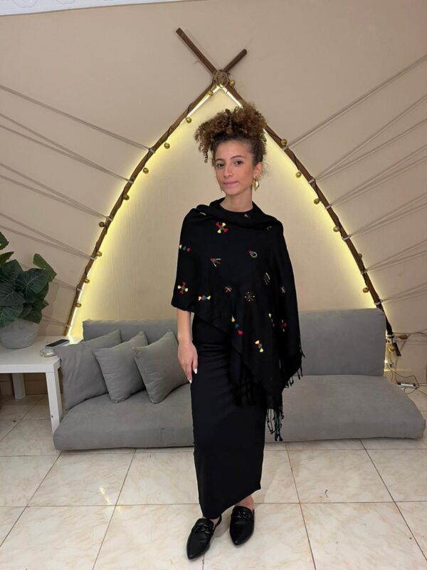 Black Handwoven Akhmim Cotton Shawl | Hand-Embroidered by Siwan Women | 185×60 cm