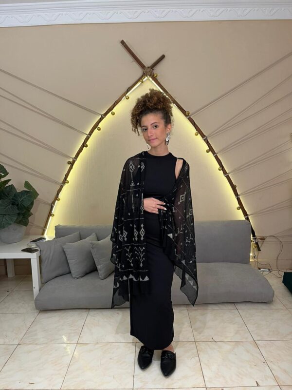 Hand-Embroidered Black Tulle Shawl with Silver-plated Threads | Sohag Women's Craft | 200x90 cm