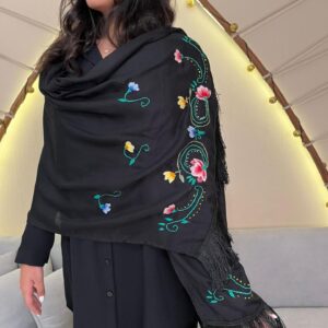 Hand-Embroidered Rectangular Black Cotton Blend Shawl | Made by  artisans Women  | 70×180 cm