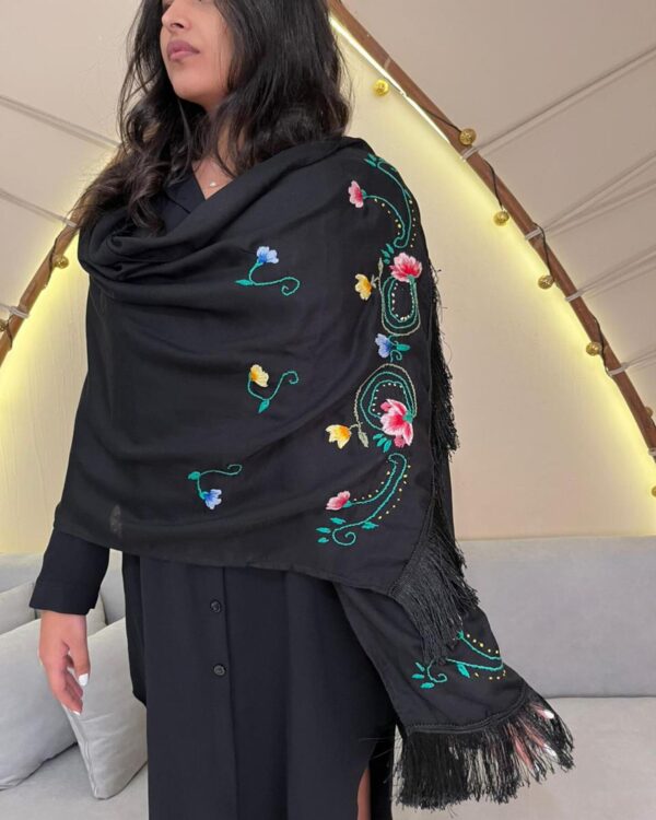 Hand-Embroidered Rectangular Black Cotton Blend Shawl | Made by artisans Women | 70×180 cm