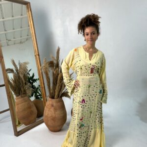 Light Yellow Viscose Dress | Hand-Embroidered by Sohag Women with Village-Inspired Motifs | Size 2XL