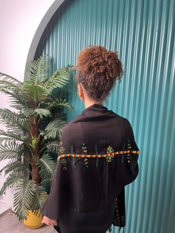 Black Handwoven Akhmim Cotton Shawl | Hand-Embroidered by Siwan Women | 180×60 cm