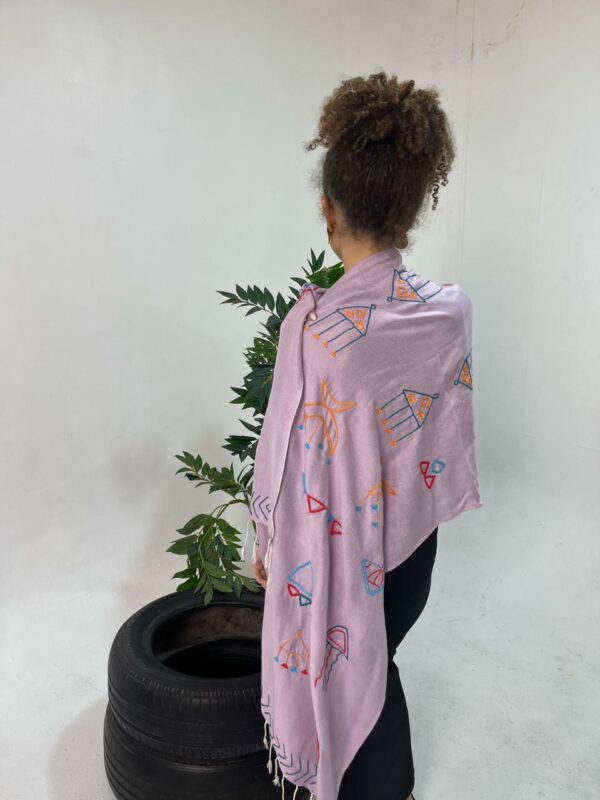 Light mauve Akhmim Cotton Shawl | Hand-Embroidered by Nubian Women of Aswan  188×60 cm