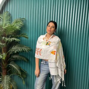 White Akhmim Cotton Shawl | Hand-Embroidered by Nubian Women of Aswan | 180×60 cm