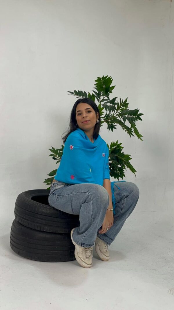 Handwoven Turquoise Akhmim Cotton Shawl | Hand-Embroidered by Women of Saint Catherine | 180×60 cm