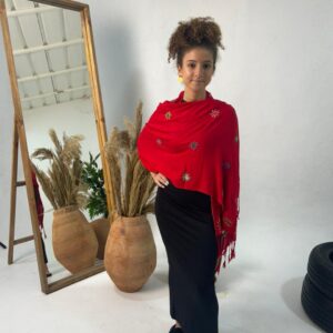 Handwoven Red Akhmim Cotton Shawl | Hand-Embroidered by Women of Saint Catherine | 175×60 cm