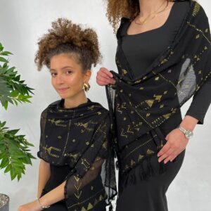 Black Tulle Tally Scarf with Hand-Embroidered Gold plated Threads | Made by Sohag Women | 200x40 cm