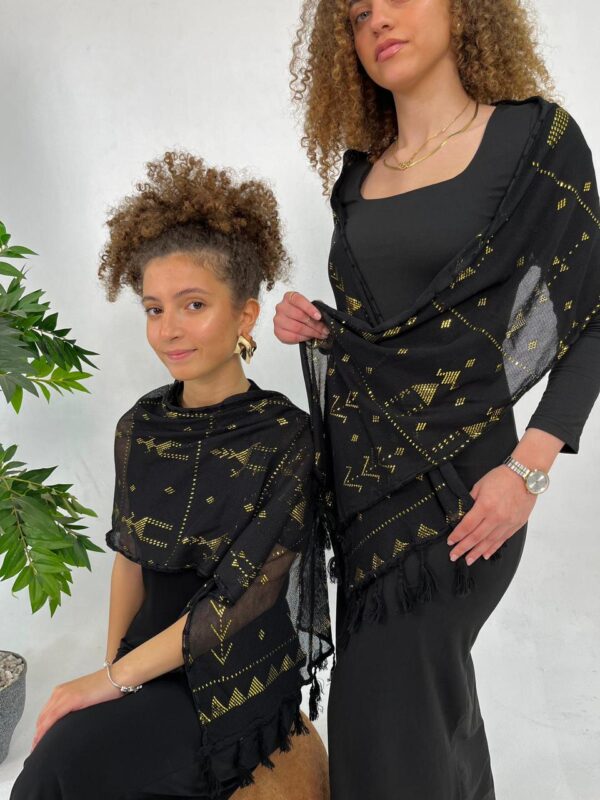 Black Tulle Tally Scarf with Hand-Embroidered Gold plated Threads | Made by Sohag Women | 200x40 cm