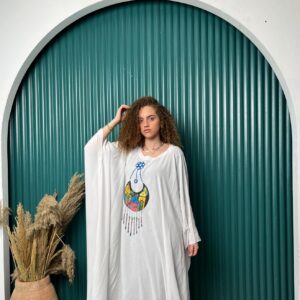 Hand-Painted Cotton Poncho – White | Acrylic Art | Free Size