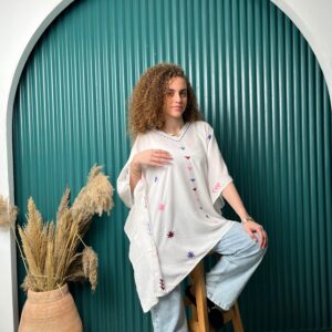 White Cotton Hand-Embroidered Poncho by St. Catherine Women | Free Size up to 3XL