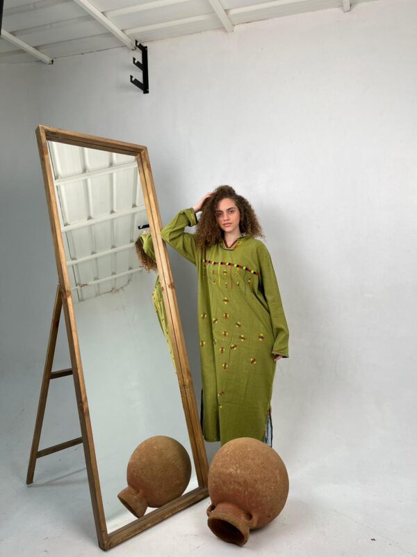Olive Green Linen Abaya with Hand Embroidery by Siwa Women | Desert-Inspired | Free Size up to 3XL - Image 2