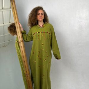 Olive Green Linen Abaya with Hand Embroidery by Siwa Women | Desert-Inspired | Free Size up to 3XL