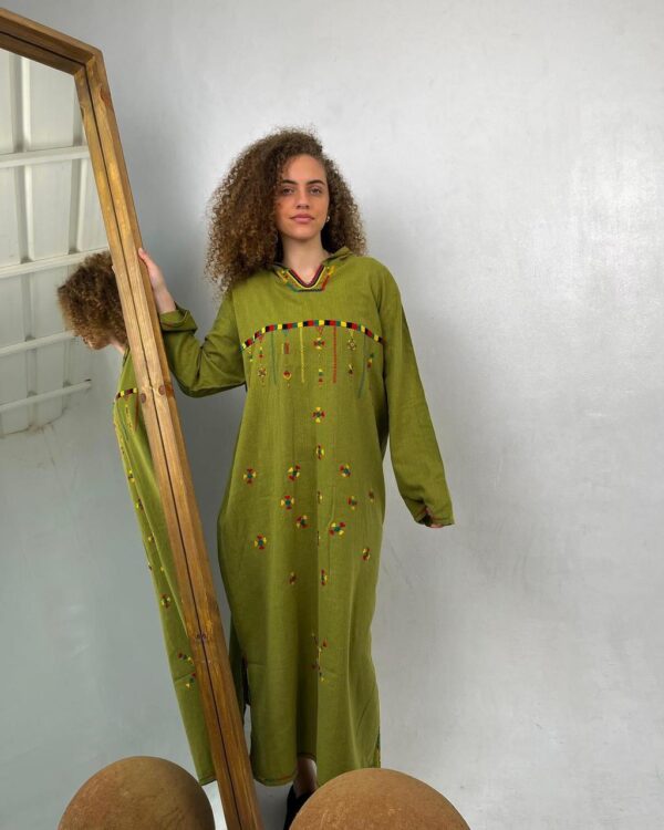 Olive Green Linen Abaya with Hand Embroidery by Siwa Women | Desert-Inspired | Free Size up to 3XL